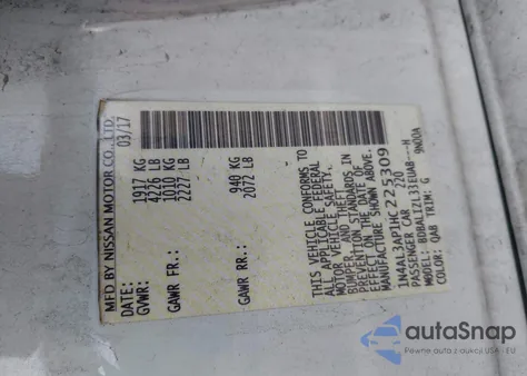 2017 Nissan Altima 2.5 Sv z USA, uszkodzony, nr VIN 1N4AL3AP1HC225309